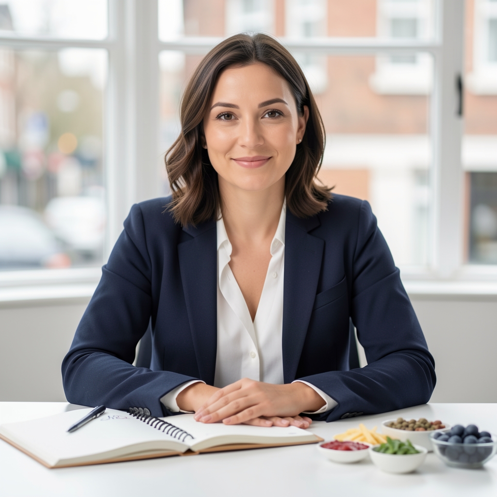 Portrait of a nutrition specialist seated at a minimalist white desk with open notebooks and seasonal ingredient samples in a bright London studio