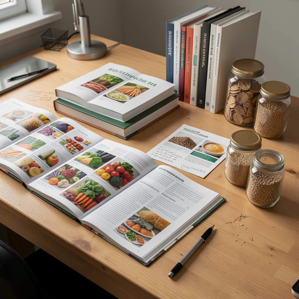 Studio research desk with open seasonal produce catalogues, annotated reference books, and a small collection of dried grain samples in glass jars