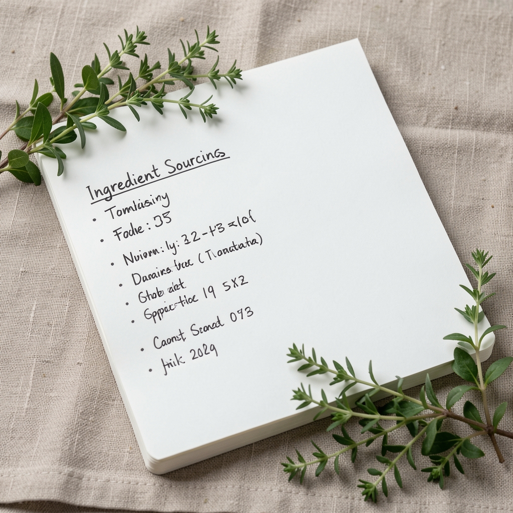 Close-up of a handwritten ingredient sourcing log on a white notepad, placed beside a small arrangement of fresh herbs on a linen surface