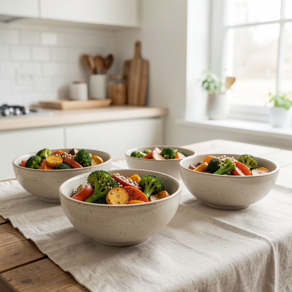 Freshly prepared whole grain bowls with roasted seasonal vegetables arranged on a linen-covered wooden table in a bright, minimal kitchen