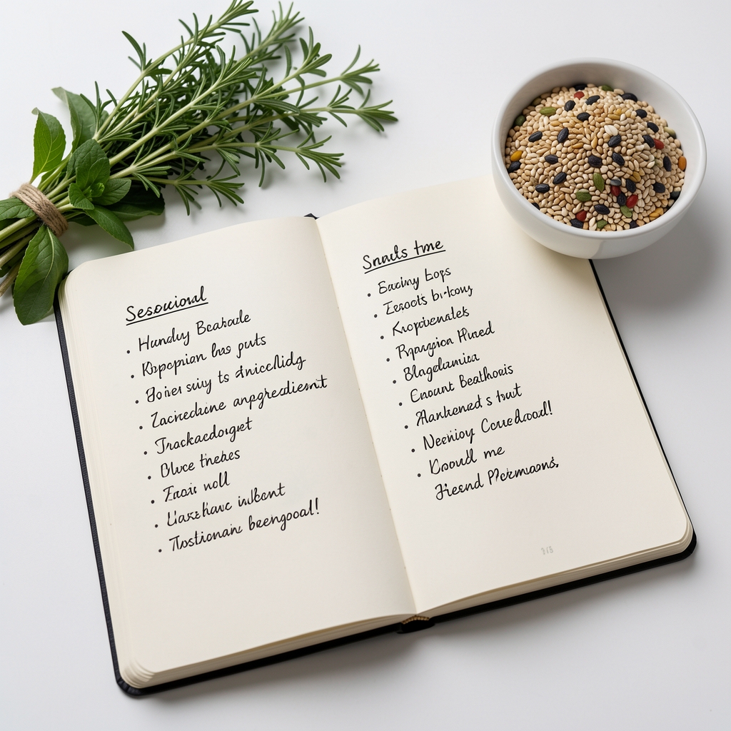 An open notebook with handwritten seasonal ingredient lists laid on a white table beside fresh herbs and a small bowl of mixed grains