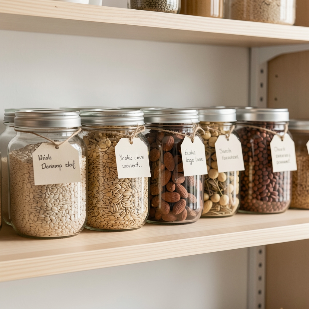 Neatly arranged glass jars of whole grains and dried legumes with handwritten label tags on a light wooden shelf in a clean workspace