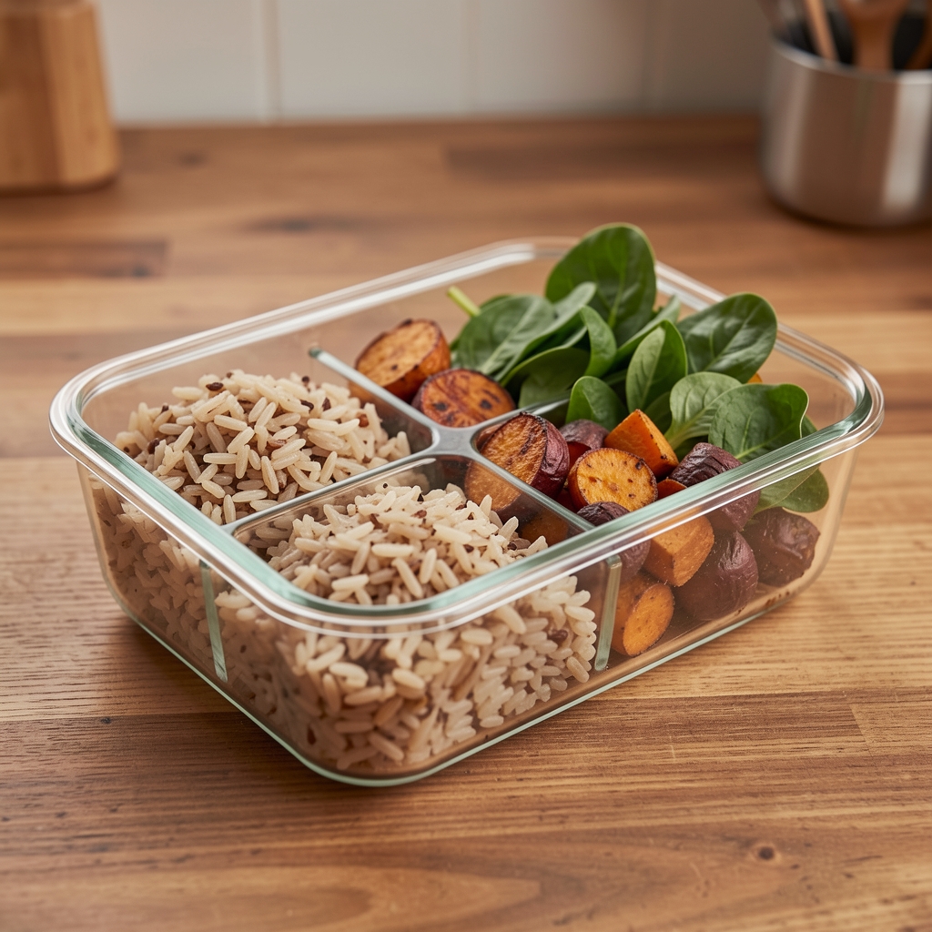 A glass meal prep container with portioned brown rice, roasted root vegetables, and fresh green leaves arranged in sections on a wooden kitchen counter