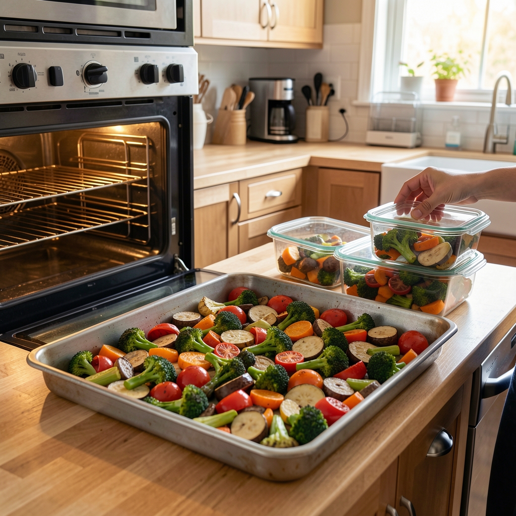 A large steel baking tray of colourful roasted vegetables fresh from an oven, with three glass storage containers being filled in a home kitchen
