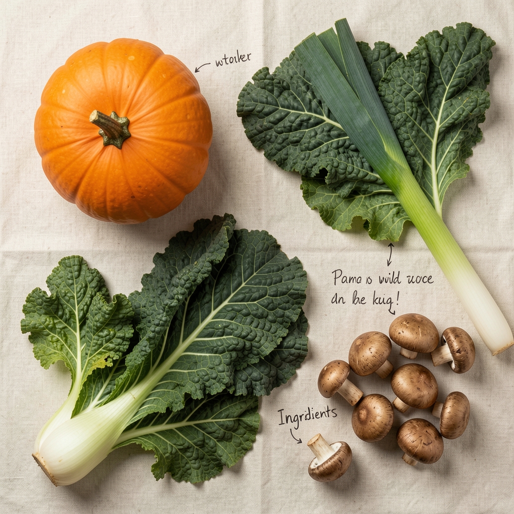 A flat-lay of UK autumn seasonal produce — squash, kale, leeks, and wild mushrooms — arranged on a cream linen surface with handwritten ingredient notes