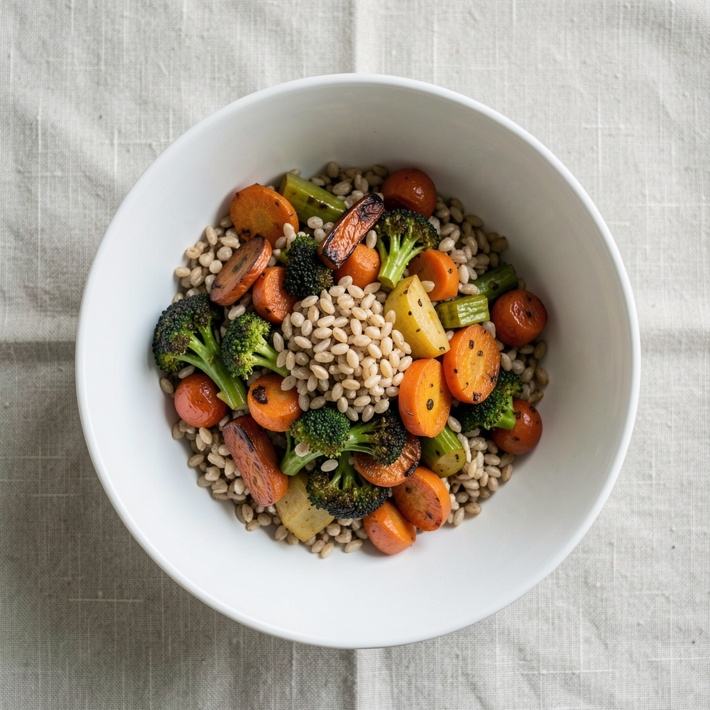 Overhead view of a single white ceramic bowl containing a whole grain and roasted vegetable composition, photographed on a plain linen surface with natural daylight