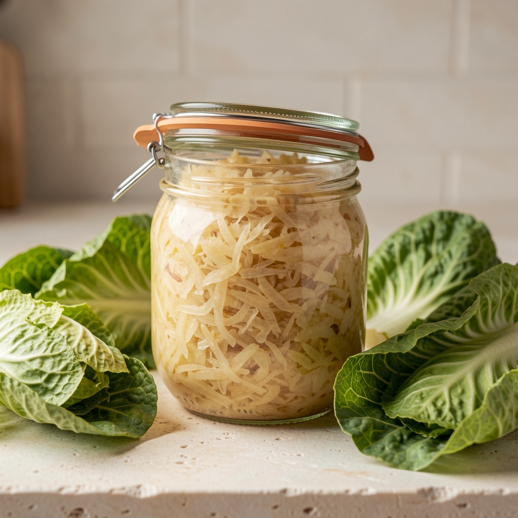 A jar of homemade fermented sauerkraut with a loose lid, surrounded by fresh green cabbage leaves on a pale stone kitchen surface