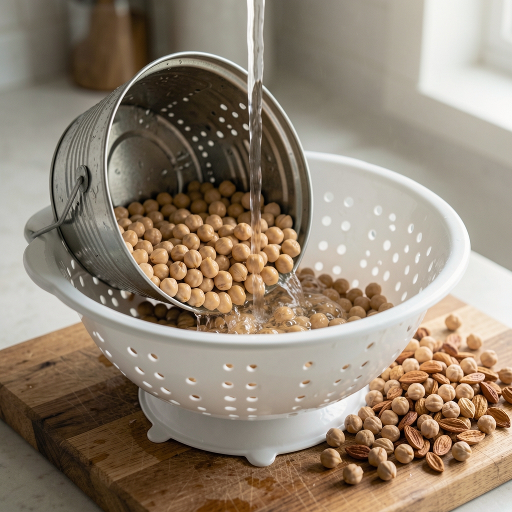 An open tin of chickpeas being drained in a white colander under running water, with dried legumes visible on a wooden chopping board beside it