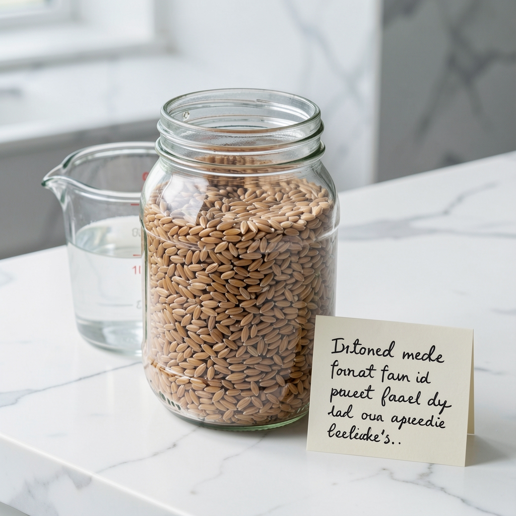A glass jar containing soaking farro grains in water, placed on a white marble countertop next to a measuring jug and a small card of handwritten notes